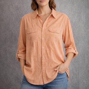 Peach Linen Cotton Button Up Shirt Relaxed Quiet Luxury Large Oversized Blouse